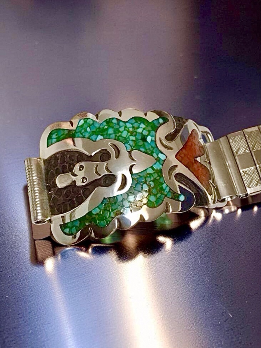 Men’s Sterling Navajo Turquoise/Coral Inlay Thunderbird Tips/Band Signed SD - Picture 13 of 14